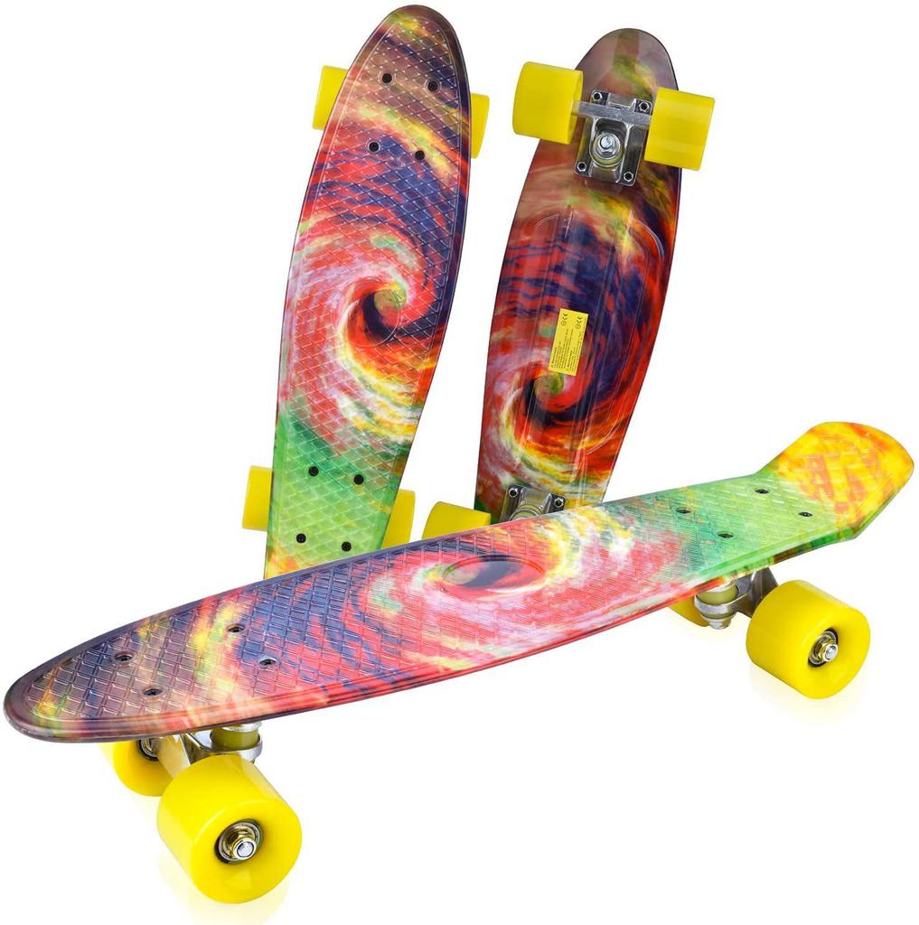 22" Beginner Adult Skateboard with Plastic Deck, Single Kick, and Water Transfer Design for Street Cruising.