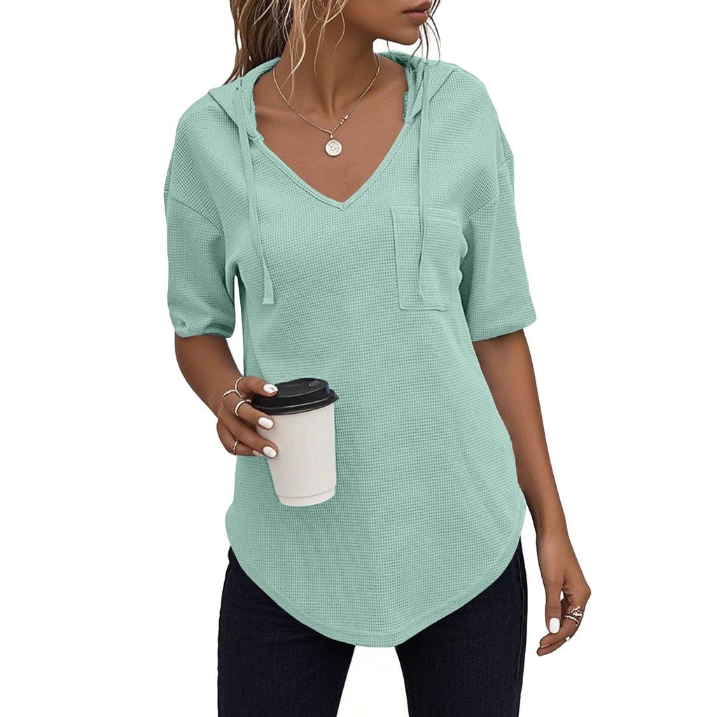 Women's Fashion Summer V-Neck T Shirt Drawstring Hooded Solid Color Short Sleeve Top