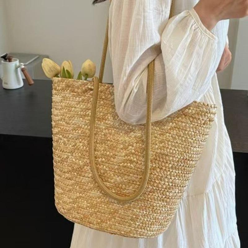 Straw Shoulder Straw Bag New Hand-woven Bag Large Capacity Versatile Bucket Bag Vacation Beach Bag Straw Bag Women