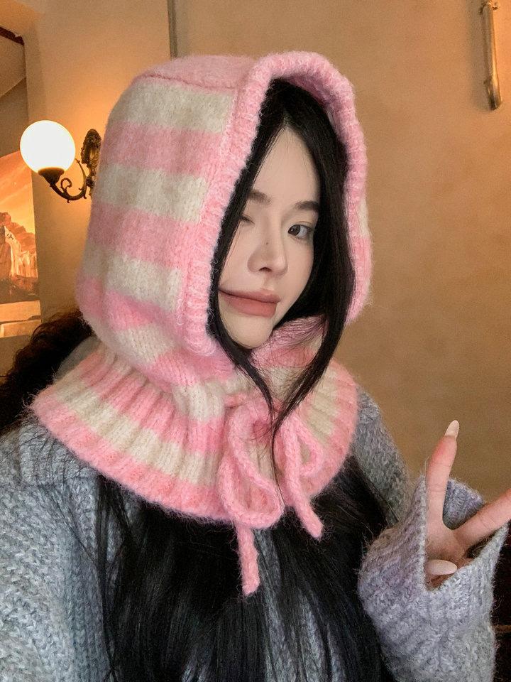 

Балаклава в полоску на шнурке, женская осенне-зимняя, холодная и теплая, шарф интегрированный, вязаная шерстяная шапка-пуловер, тренд M（56-58cm） розовый