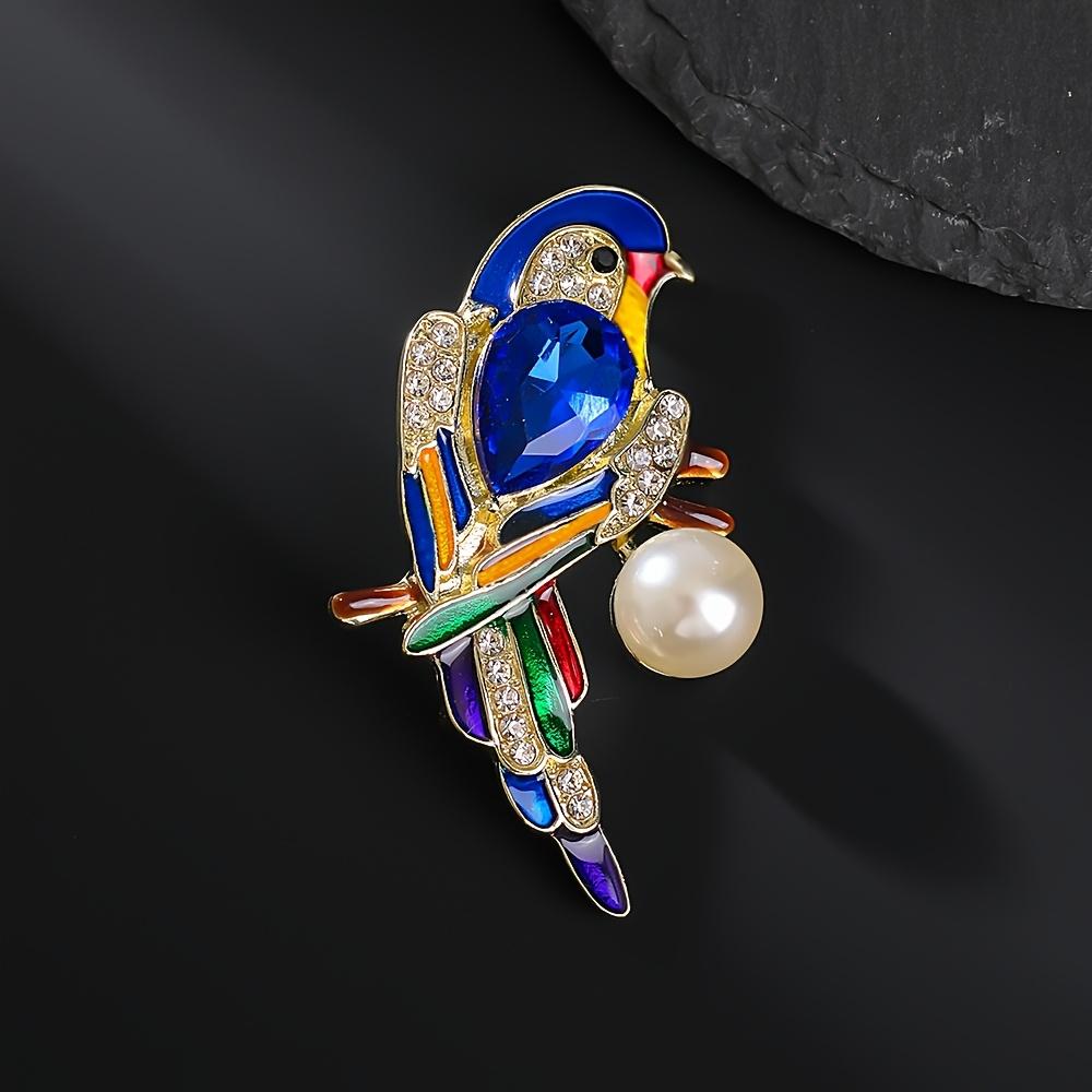 Elegant Parrot Bird Brooch Pin with Faux Pearl & Colorful Gemstones - Golden-Tone Luxury Animal Accessory, Sparkling Perfect for Daily Wear Parties