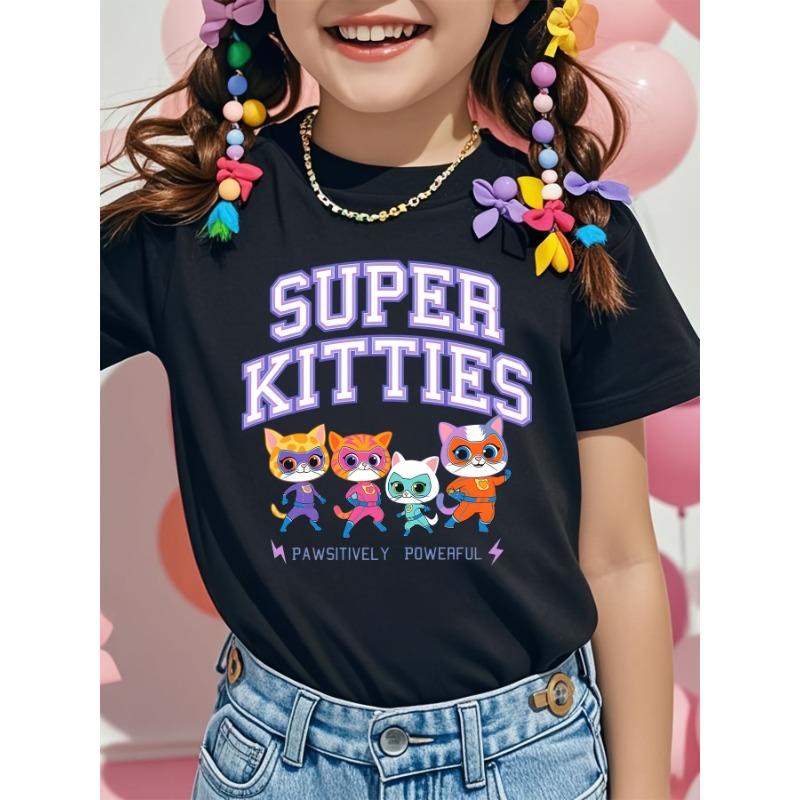 

European sizes Super Kitties Graphic T-Shirt for Kids - Fun Black Tee with Colorful Cartoon Cat Superheroes and Bold Purple Text 98cm чёрный