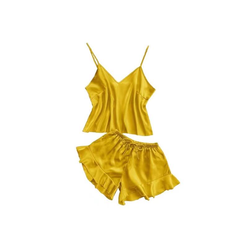 

Женский повседневный женский летний пижамный комплект, сексуальная ночная рубашка, женская майка, шорты, ночная рубашка на бретелях, черная, гладкая, мягкая XL жёлтый