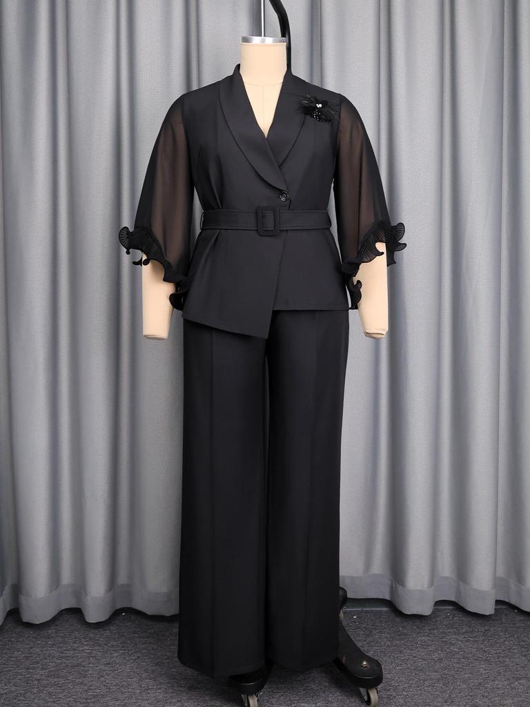 Women's Plus Size Waist-Cinched Black Suit Set with Ruffle Sleeves and 3D Flower Blazer