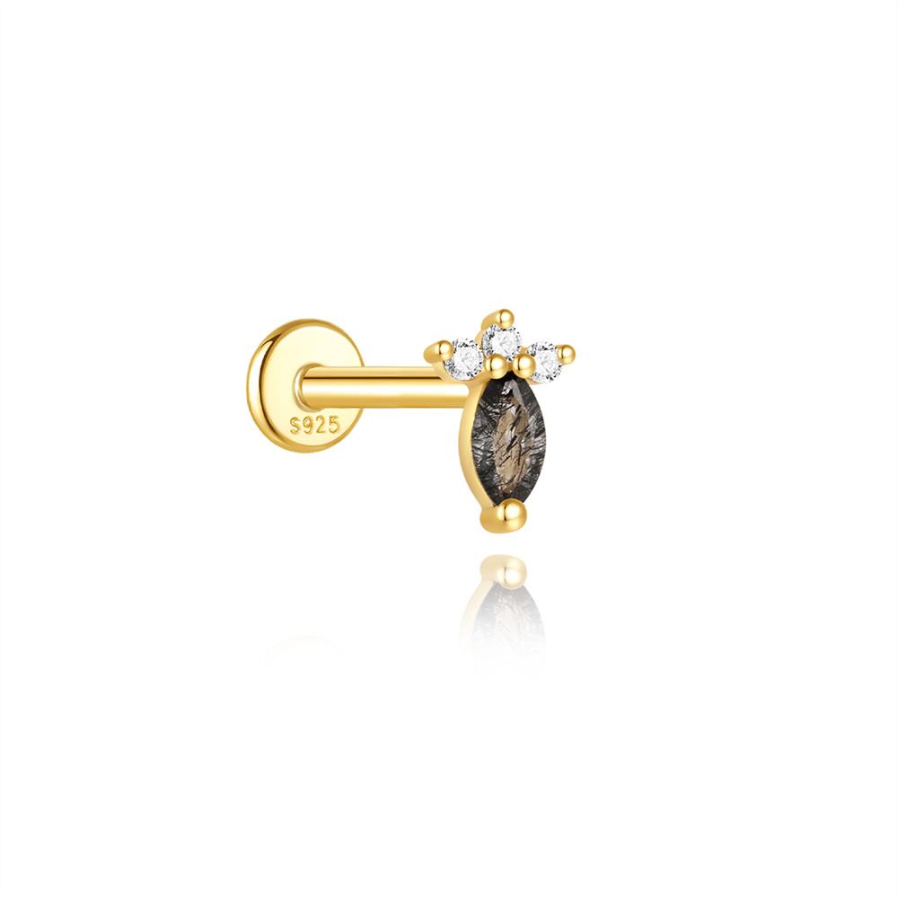 AIDE 1PC Black Rutilated Quartz Flat Head Threaded Puncture 925 Silver Earring For Women Gleaming Rainbow Zircon Studs