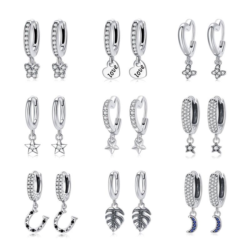 Original 925 Silver Hoop Earrings Crystal Love Heart Star Drop Earring Pendant Earings For Women Gift Luxury Jewelry