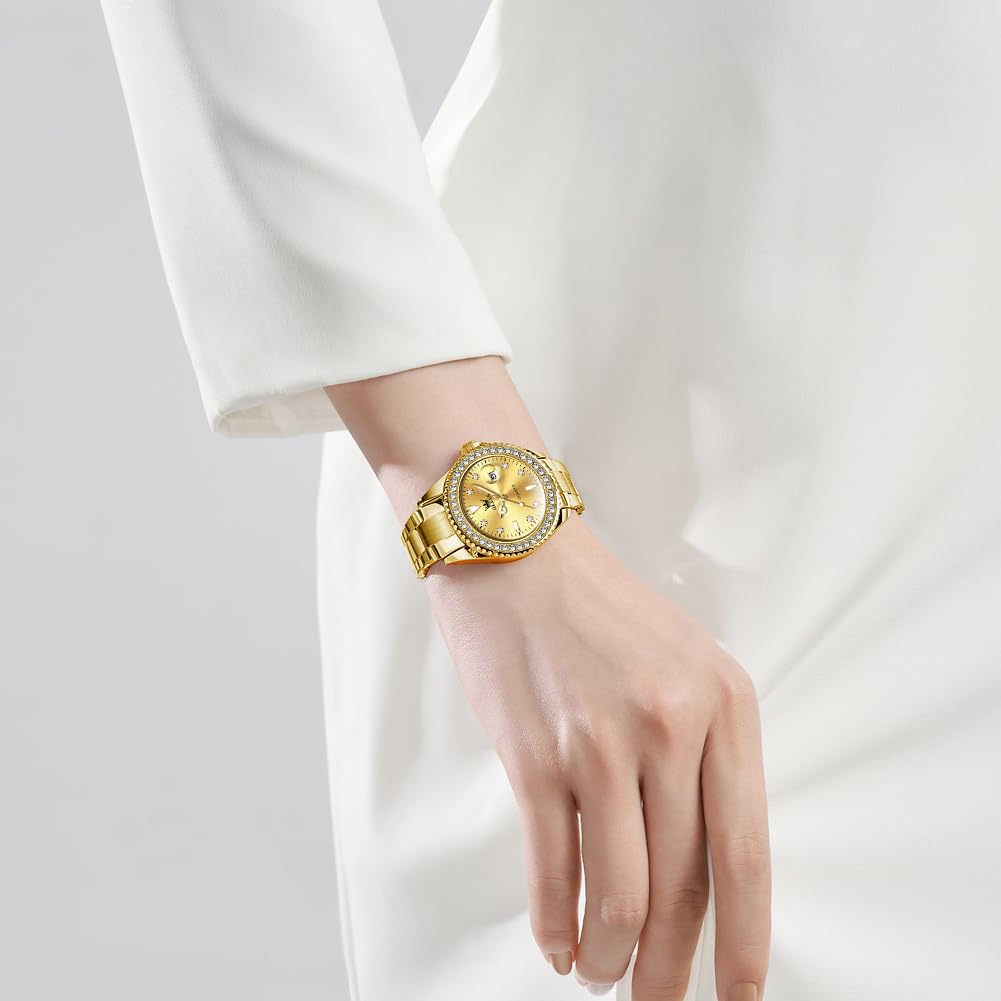 OLEVS Stainless Steel Quartz Watch with Diamond Luminous Easy to 30M Water Gift for Gold Women's Dial, Display, Read, Resistance, Popular, Cute,