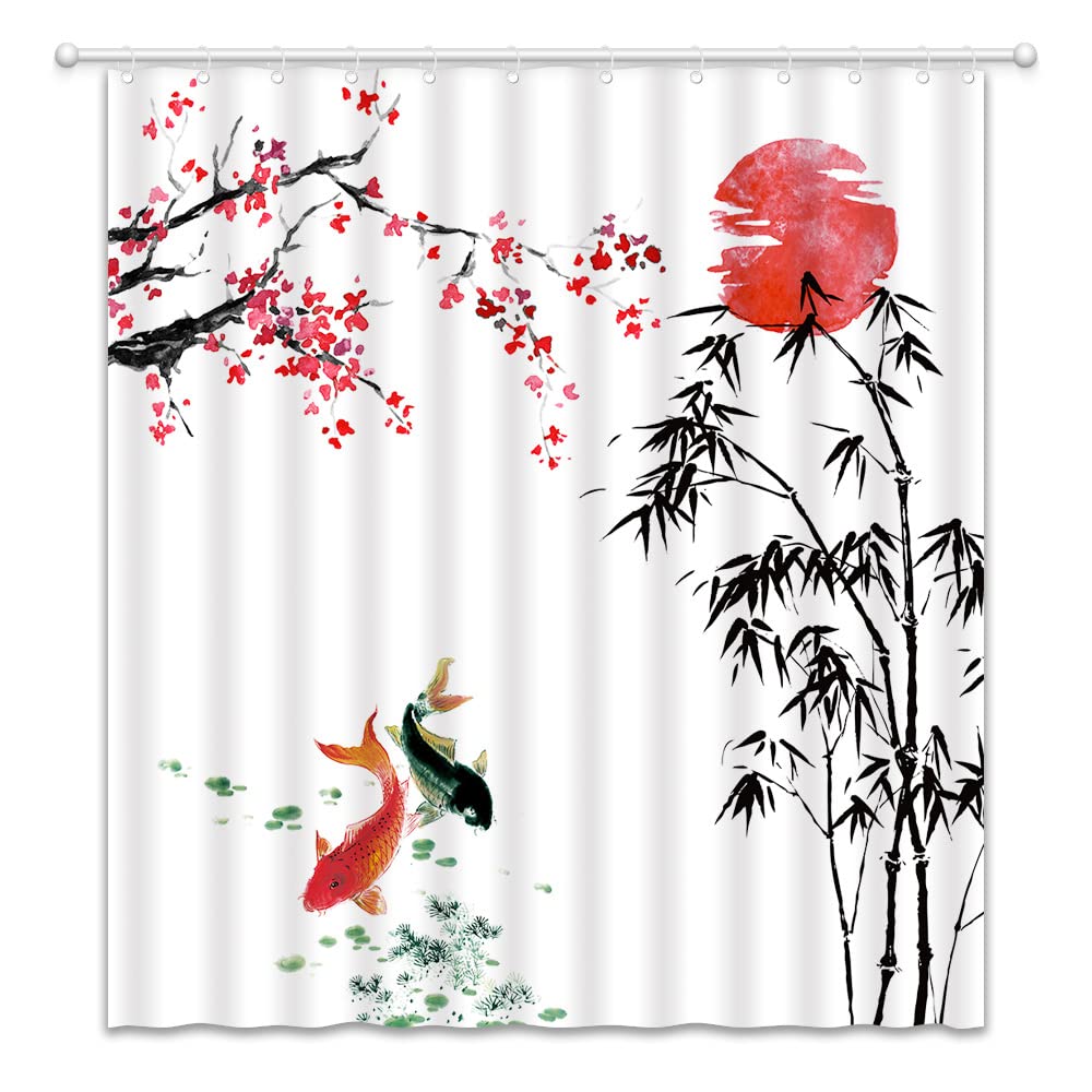 Landscape Shower Curtain Spring Season Pink Flower and Pavilion Scenery on Lake Chinese Style Bathroom Decor Hanging Curtain with Hooks