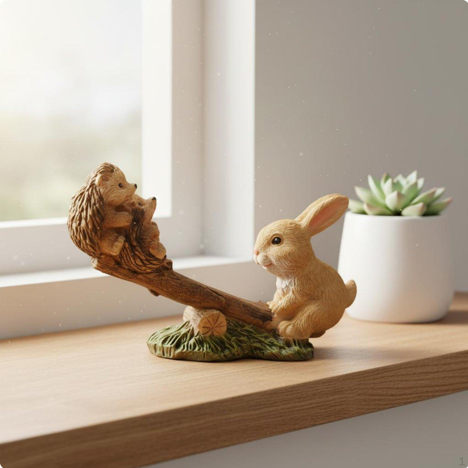 Hare and Hedgehog Seesaw Figurine Pastoral Style Resin Bunny Ornament Detailed