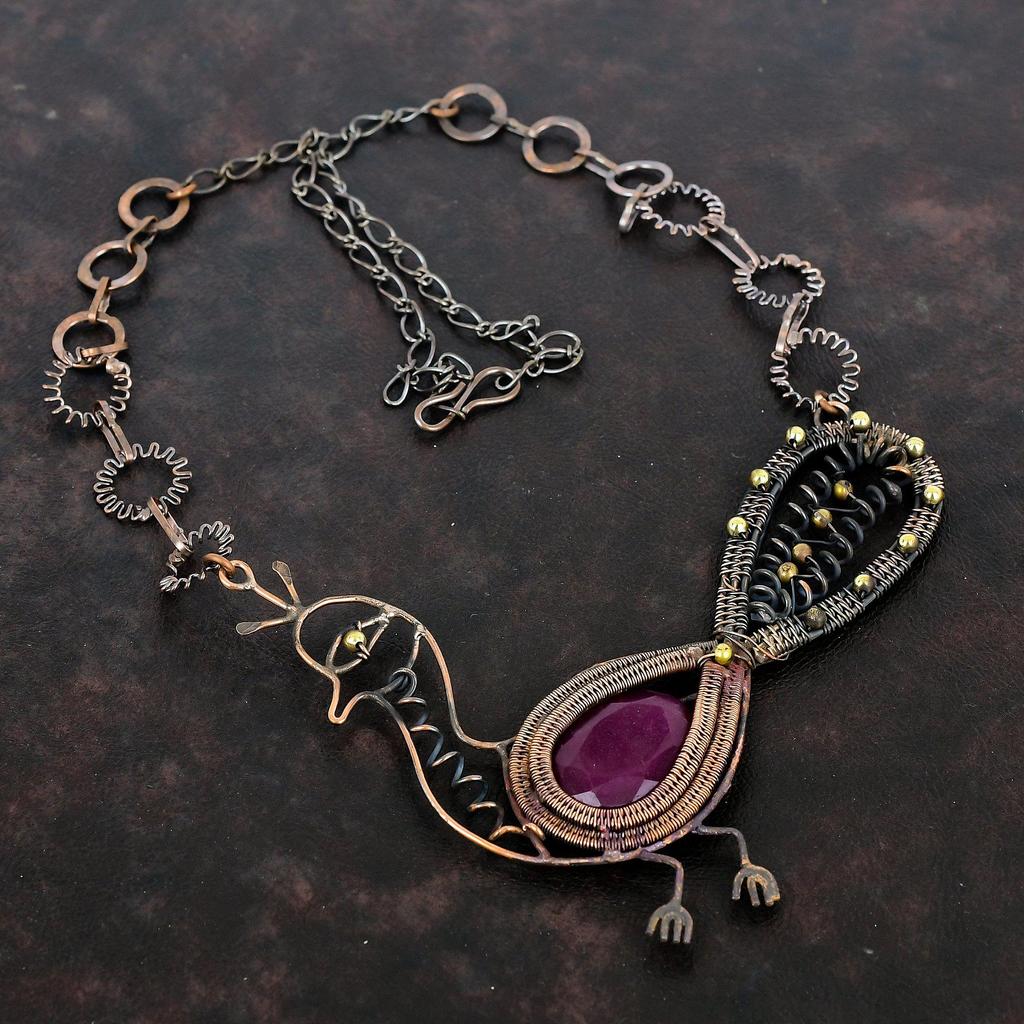 Faceted Kashmir Ruby Necklace Copper Wire Wrapped Adjustable Chain Necklace Copper Wire Jewelry Peacock Necklace Gemstone Necklace For Gifts