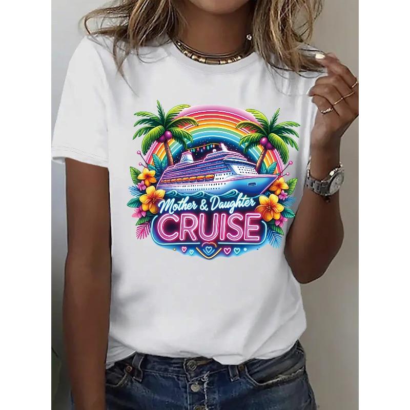 Women's Vibrant Tropical Cruise Mother & Daughter Graphic Print Tee Crew Neck Short Sleeve Relaxed Fit Summer Spring Casual Beach Vacation Top