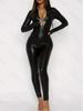European & American Style Sexy PU Leather Zipper Deep V Slimming Jumpsuit