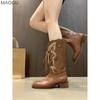 Chunky Heeled Retro Knight Boots Western Cowboy Lace Up Mid-Calf PU Leather 2026 Autumn Boots for Women Brown Black Size 35-42