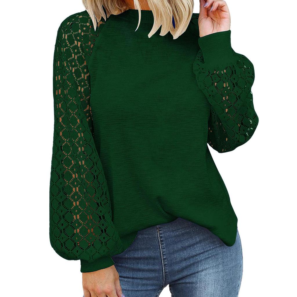 European and American new round neck long-sleeved lace splicing loose top women