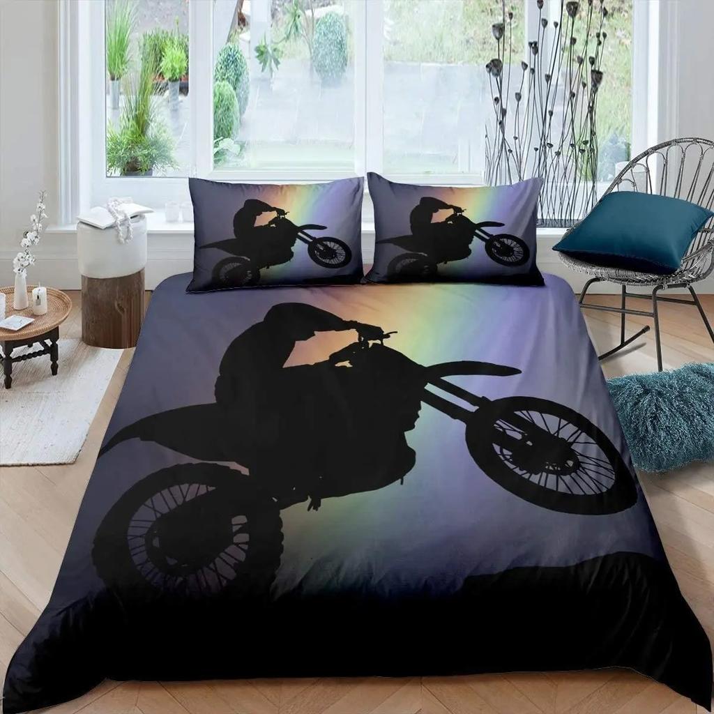 3D Motocross Duvet Cover King Size Microfiber Red Black Dirt Bike Extreme Sports Motorcycle Bedding Set