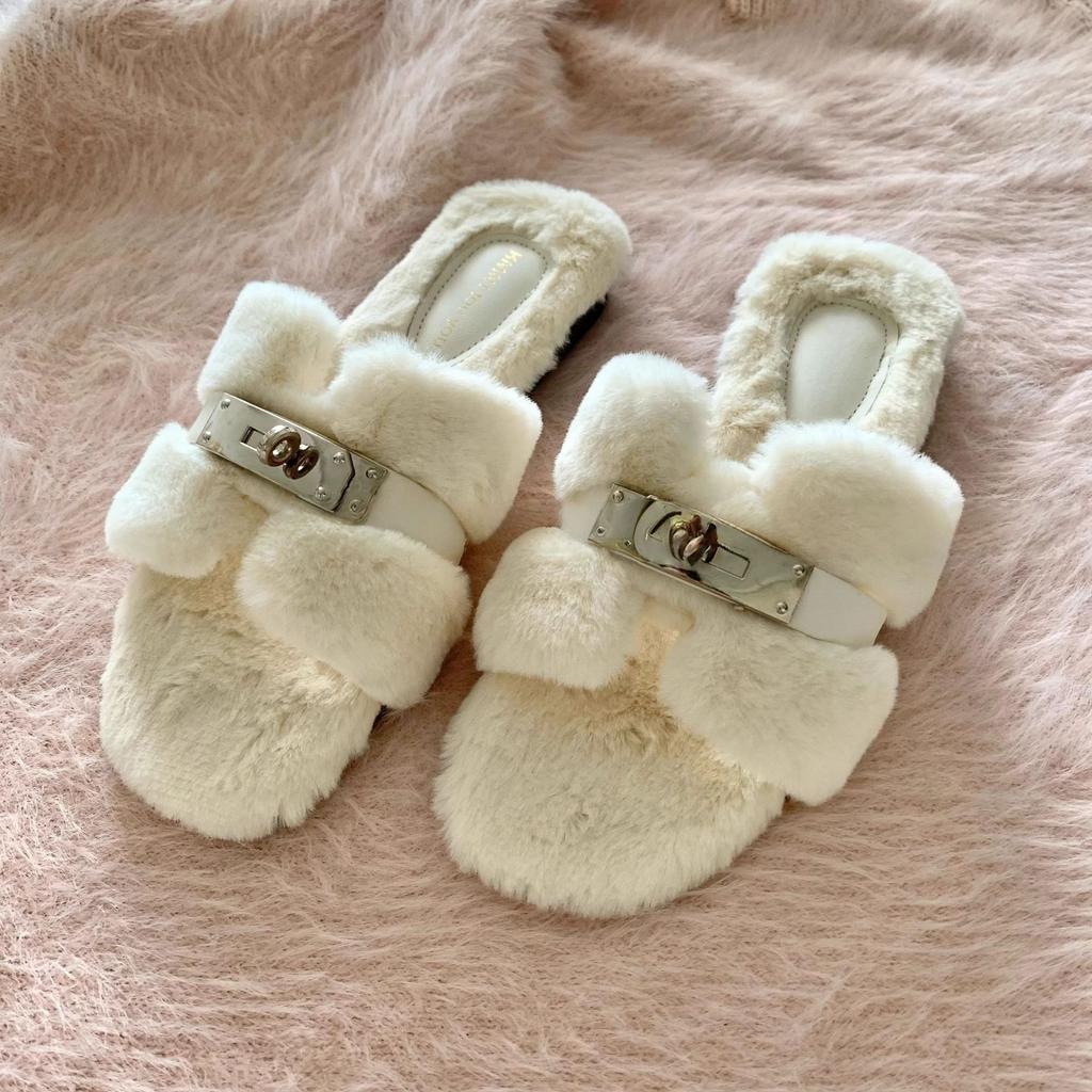 Suding Home "Mao Mao Tuo" Summer Gentle Fashion Versatile Premium Sense Flat Bottom One Word Plush Cotton Slippers Women's New