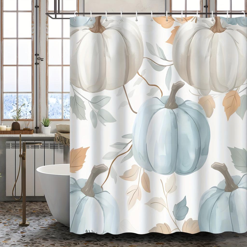 Watercolor Autumn Shower Curtain - Blue Pumpkin & Maple Leaf Design, Cartoon Vegetables Theme, Grommet Top, Hooks Included