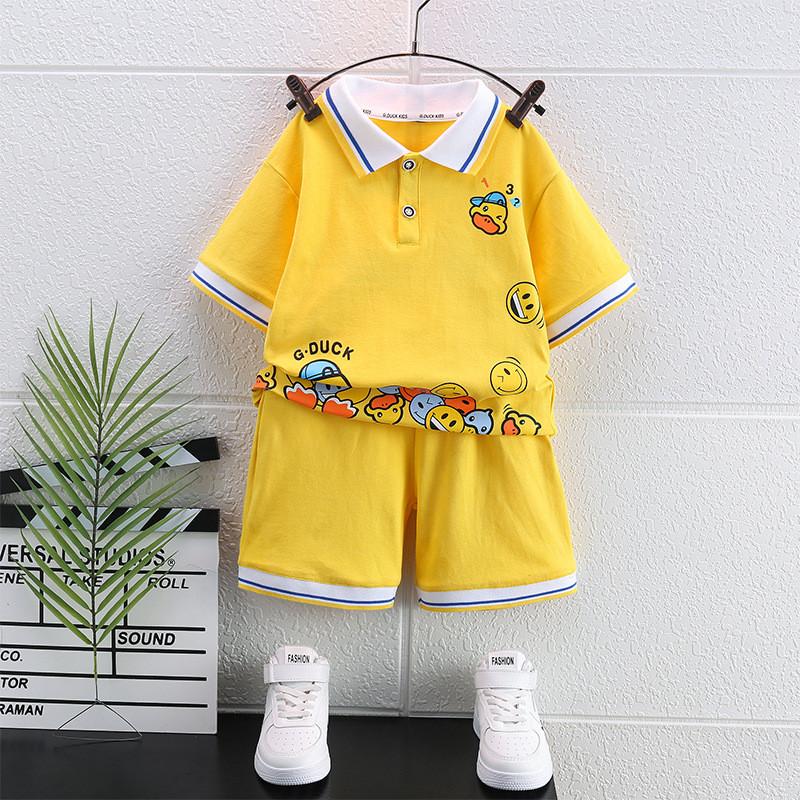 Adorable Yellow Duck Boys Short Sleeve Polo Shirt Set Summer Fashionable Kids Outfits For Ages 3 To 8 With Soft Cotton Fabric