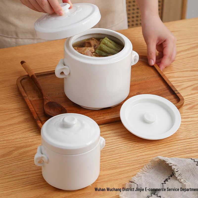 Ceramic Double Lid Stew & Soup Pot with Double Ears for Steaming & Stewed Eggs
