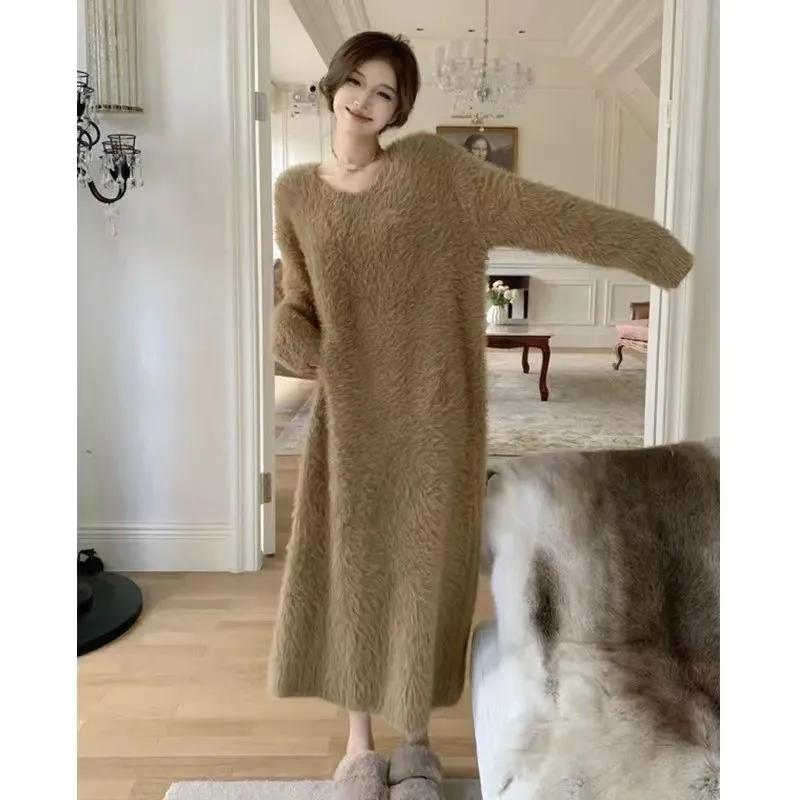 Autumn Winter Loose Popular Pink Imitation Mink Fleece Loose Knee Length Long Dress Women's Pajamas Dress Solid Color