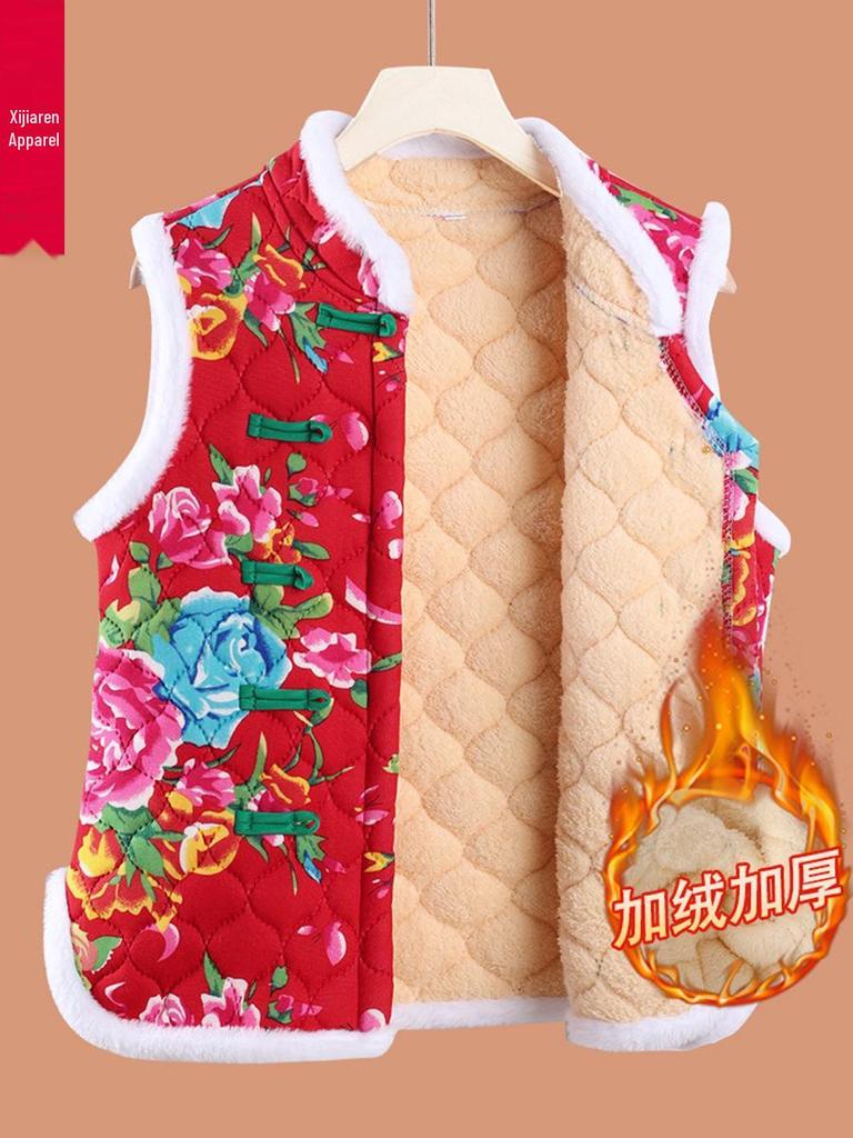 Middle-aged Women's Chinese Style Red Floral Quilted Vest with Frog Buttons – Autumn/Winter Plus Velvet Thickened Vest