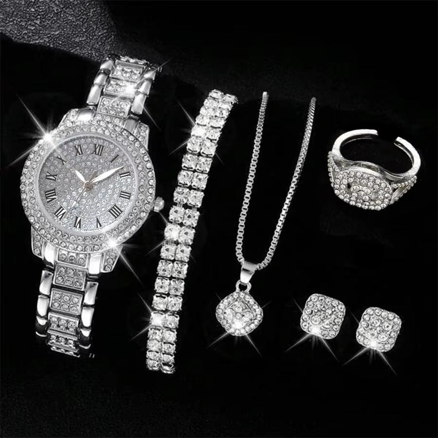 6PCS/SET Silver Women's Watch Business Leisure Element Watch Luxury Dial Quartz Watch Jewelry Set Gift For Her