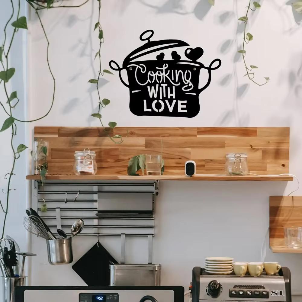 Black Metal Kitchen Sign: ‘Cooking with Love’ for Chic Décor.Elegant Black Metal Decor: ‘Cooking Love’ for Stylish Kitchens.