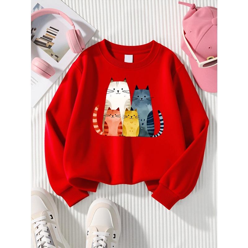 Girls' Soft Crewneck Sweatshirt, Cute Watercolor Cat Family Print Design with Cute Creative Print, Casual All-Match for Fall Winter