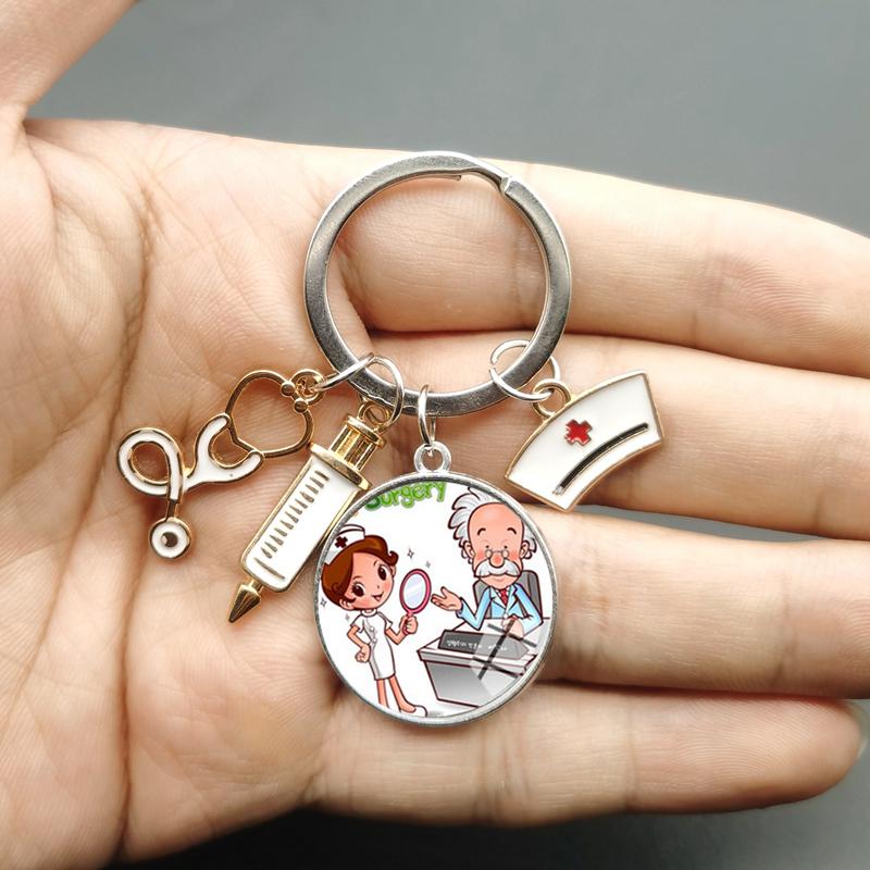 Paint Fashion Creative Nurse Medical Syringe Stethoscope Image Keychain Glass Suitable Nurses and Doctors Key Ring Pendant Gift