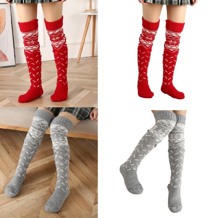 Christmas Snowflake Print Thigh High Socks with Bandage for Womens Knitted Long Over the Knee Long Stockings Leg Warmers