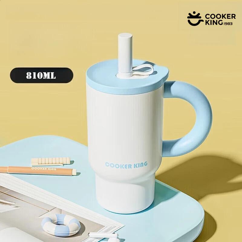 COOKER KING 810ML 316/304 Stainless Steel + PP Large Capacity Coffee Cup with Straw Insulated Water Bottle Thermos Bottles Cup 810ml