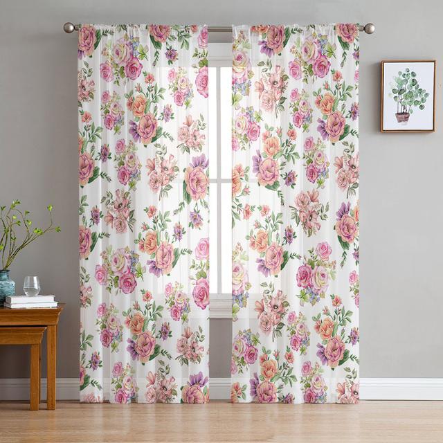 Cortinas vintage de voile transparente com flor vermelha, para sala de estar, quarto, cozinha, decoração moderna, listras, transparente, janela de tule