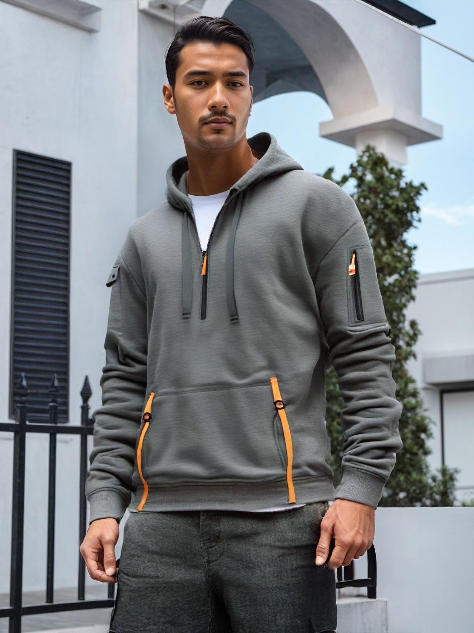 

Новый свитер с плюшевой подкладкой, мужская толстовка с капюшоном на четверть молнии, карман, спортивная и уличная одежда, крутая повседневная весенне-осенняя одежда, толстовки, свитшоты XXXL темно-серого