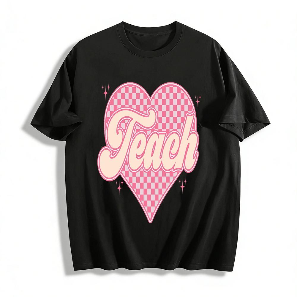 Checkerboard Heart Teach Graphic Teacher Casual Print Top Pure cotton T-shirt XXS