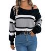 Women's Fashion Casual Loose Contrast Striped Metal Button Off-the-shoulder Sweater Long Sleeve Pullover Top