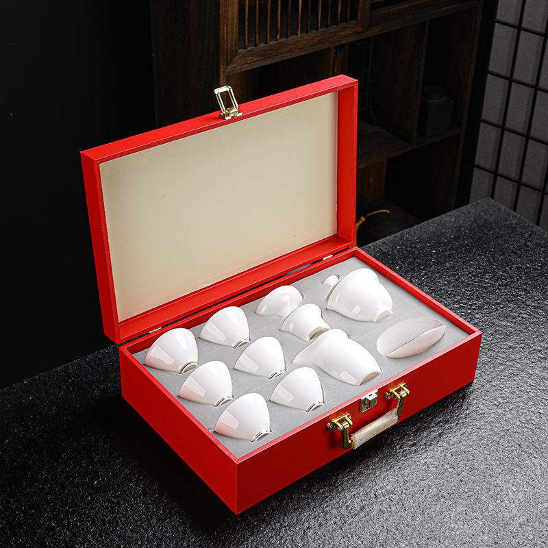 Suet Jade Tracing Tea Set Gift Set Creative Ten-head White Porcelain Tea Set Set Commercial Holiday Gift