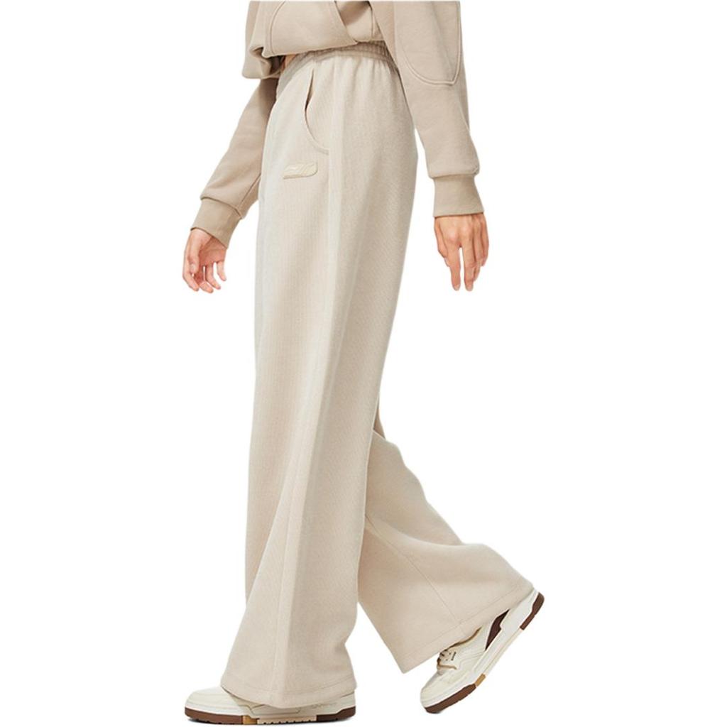 Li-Ning Comfortable Casual Solid Color Simple Loose Straight Leg Knitted Sports Pants Women bottoms Oatmeal-Gray AKLU842-1