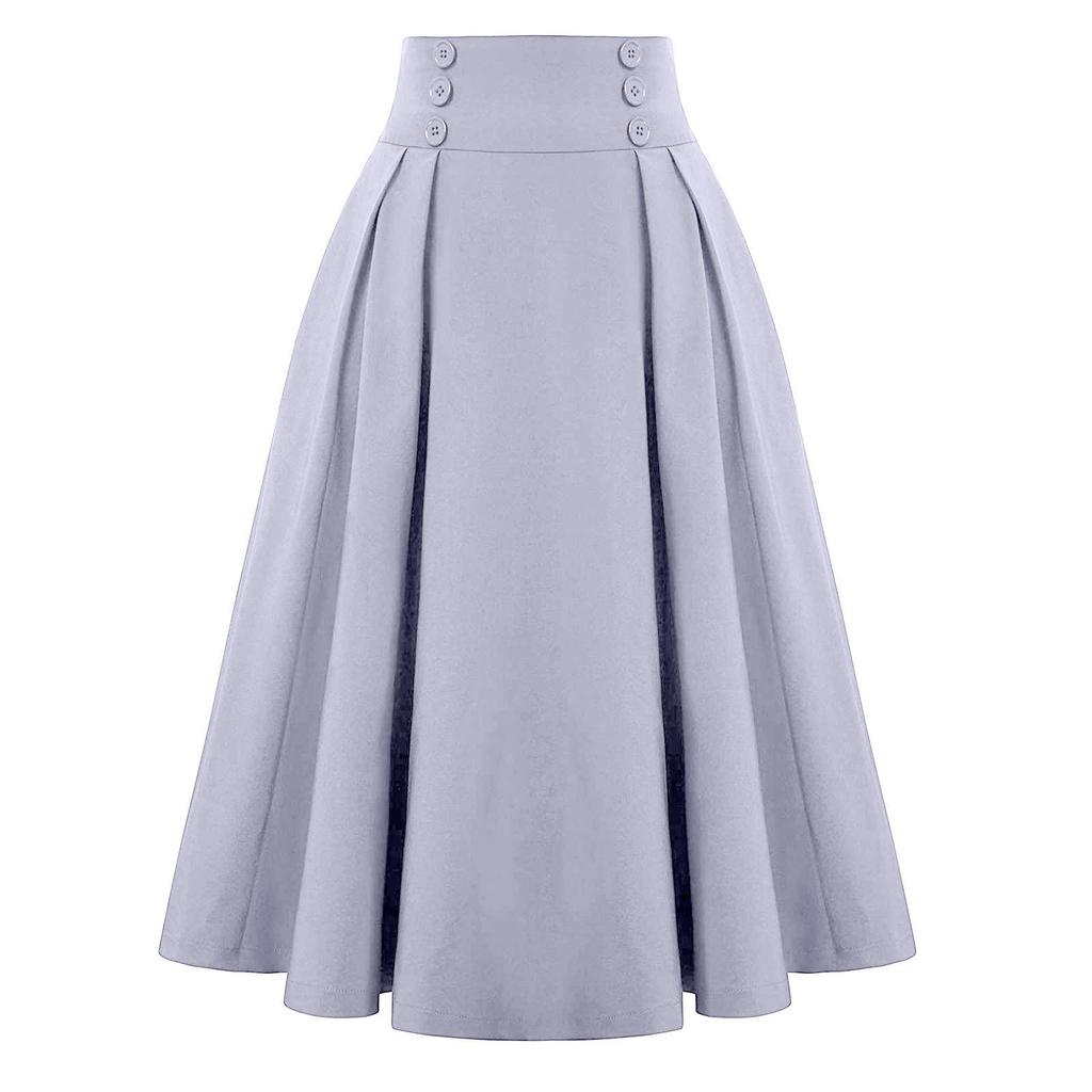 Women Casual Midi Skirt Vintage Button Elastic High Waisted Pleated A-Line Skirts