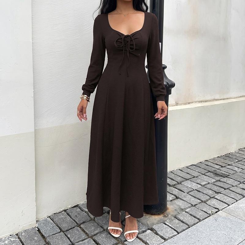 New Elegant Style Pure Color Texture Long Dress