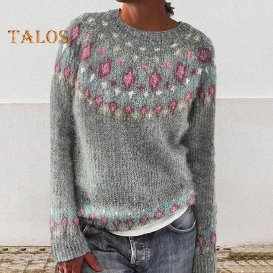 Pullover für Damen, Rundhalsausschnitt, Langarm, Patchwork, farbige Strickoberteile, lockere Passform, elastische, warme Strickwaren für den Alltag