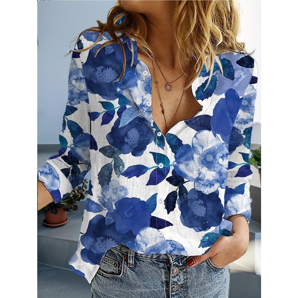 Women's Shirt Ombre Floral Graphic Elegant Vintage Tropical Long Sleeve Shirt Collar Regular Tops Daily Button Printed Summer