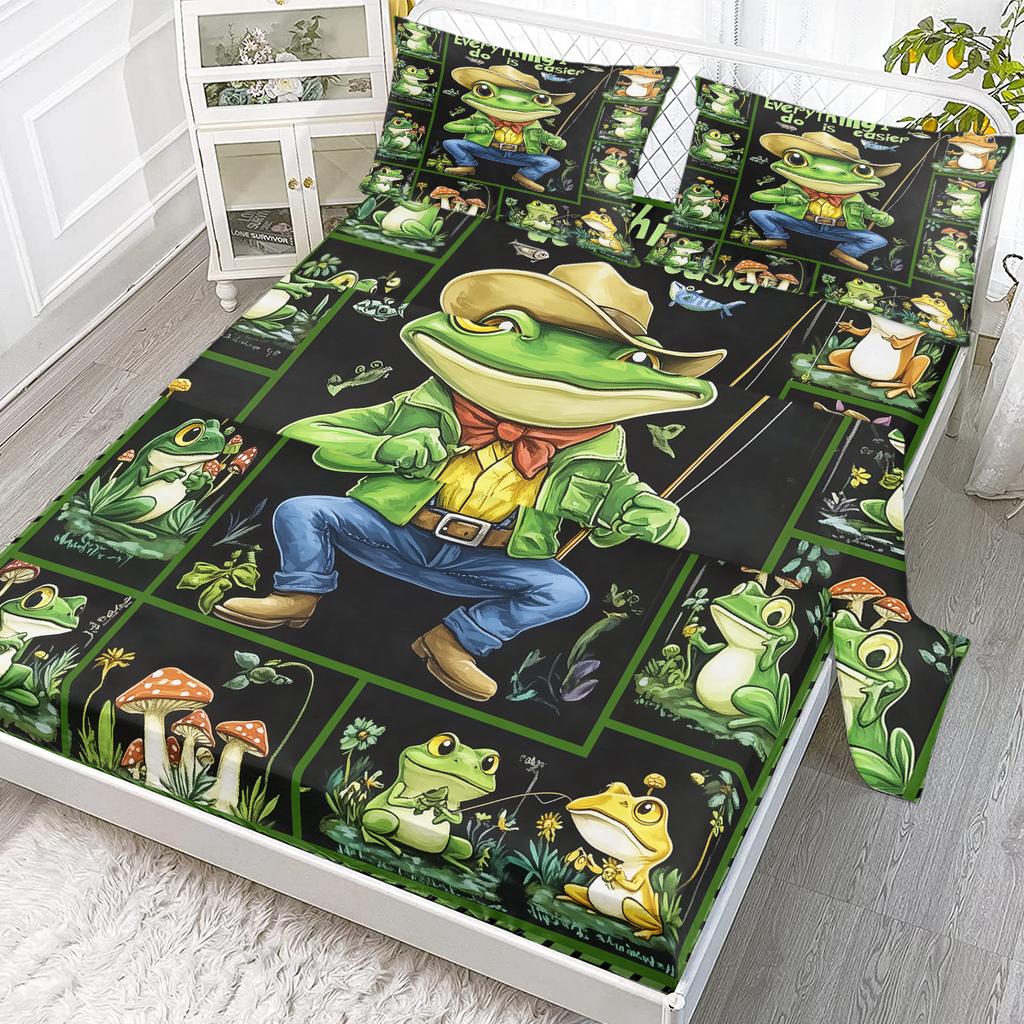 Cowboy Frog 4-Piece Set, A Green Jungle World To Protect Your Eyes, Including 1 Bed Sheet, 1 Duvet Cover, 2 Pillowcases (Quirky)