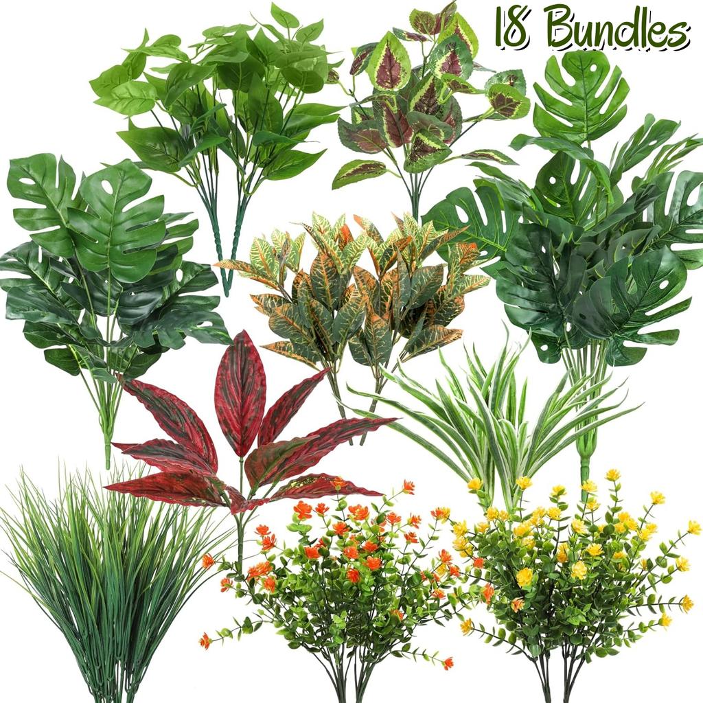18 Bundles Outdoor Artificial Plants UV Resistant Fake Greenery Stems Faux Shrubs for Outside Porch Patio Garden Window Decor