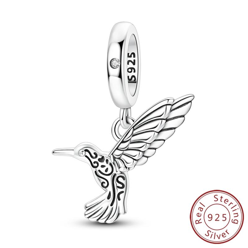Original Real 925 Sterling Silver Charms Bead Retro Pattern Hummingbird Pendant Fit Original Bracelet For Women DIY Jewelry Gift