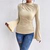 Autumn and Winter New Versatile Pleated Design Flared Sleeve Stand-up Collar Slim T-shirt