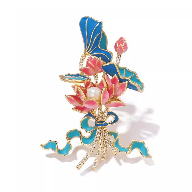 

Эмалевая брошь «Пейзаж с лотосом», Изысканная и персонализированная брошь «Лотос» для женщин, Дизайн в китайском стиле
