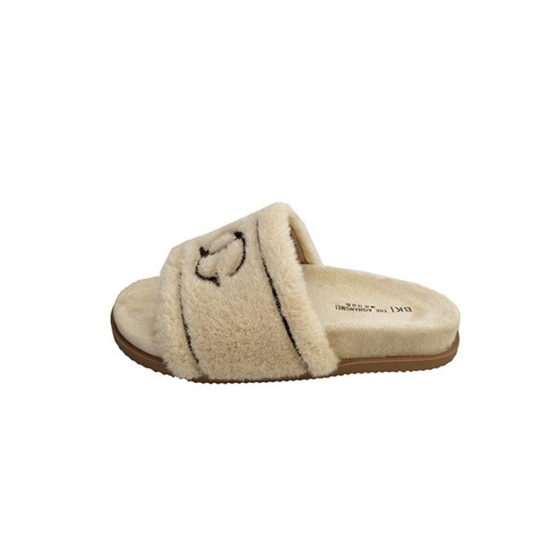 Retro plush embroidered fluffy slippers for women's autumn and winter wear new plush soft flat-bottomed cotton slippers