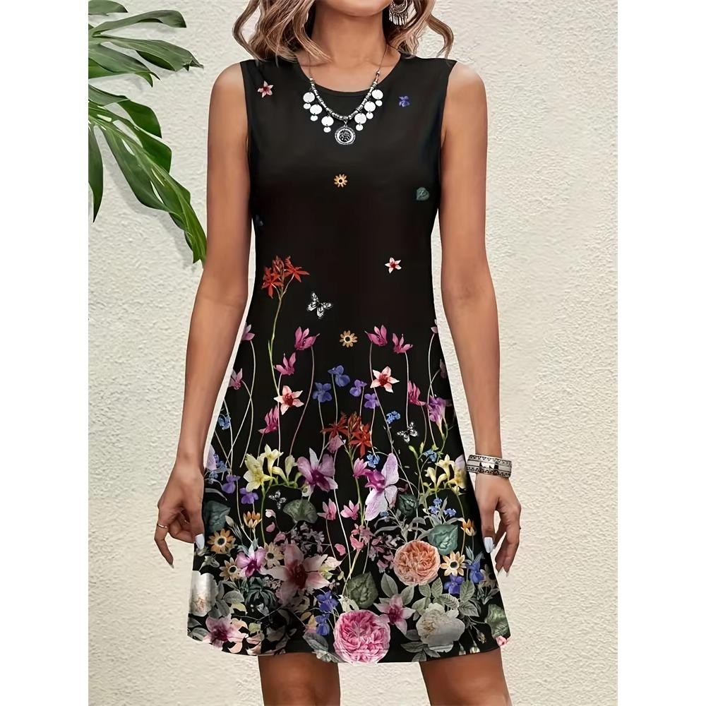 Women's Floral 3D Print Sleeveless Dress Vintage Flare Flower Dresses Woman Summer Oversized Female Clothing Y2k Ladies Clothes