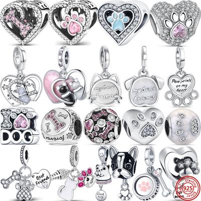 925 Sterling Silver Pet Cat Dog Paw Print Bone I Love Best Friend Beads Fit Original  Charms Bracelet Luxury DIY Jewelry