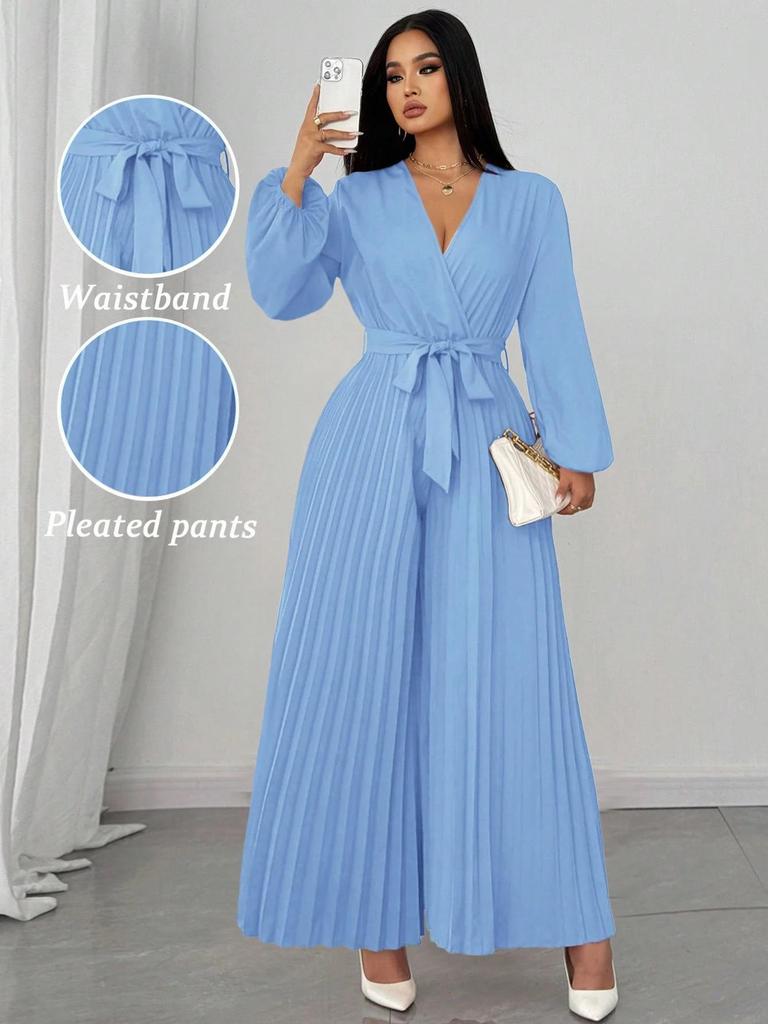 Plus Size Women's Elegant Long-Sleeve Pleated Jumpsuit with Cinched Waist